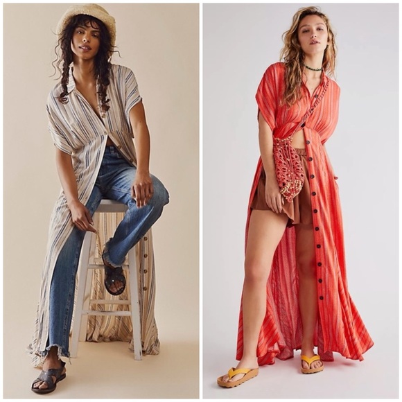 Free People Dresses & Skirts - Anthropologie Blue Striped Button-Front Maxi Dress